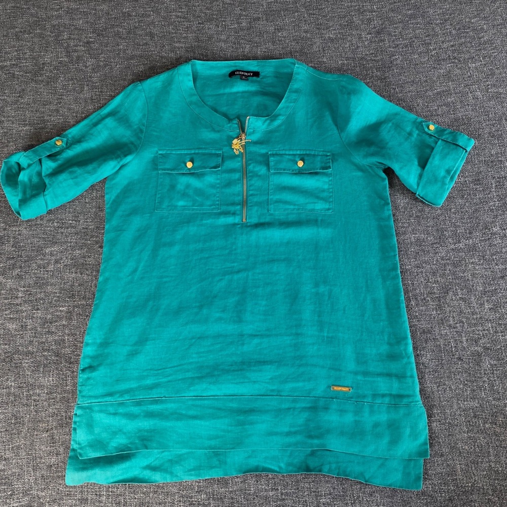 Ellen Tracy Teal Linen Zip Front Tunic Top EPMR53401 Green Small